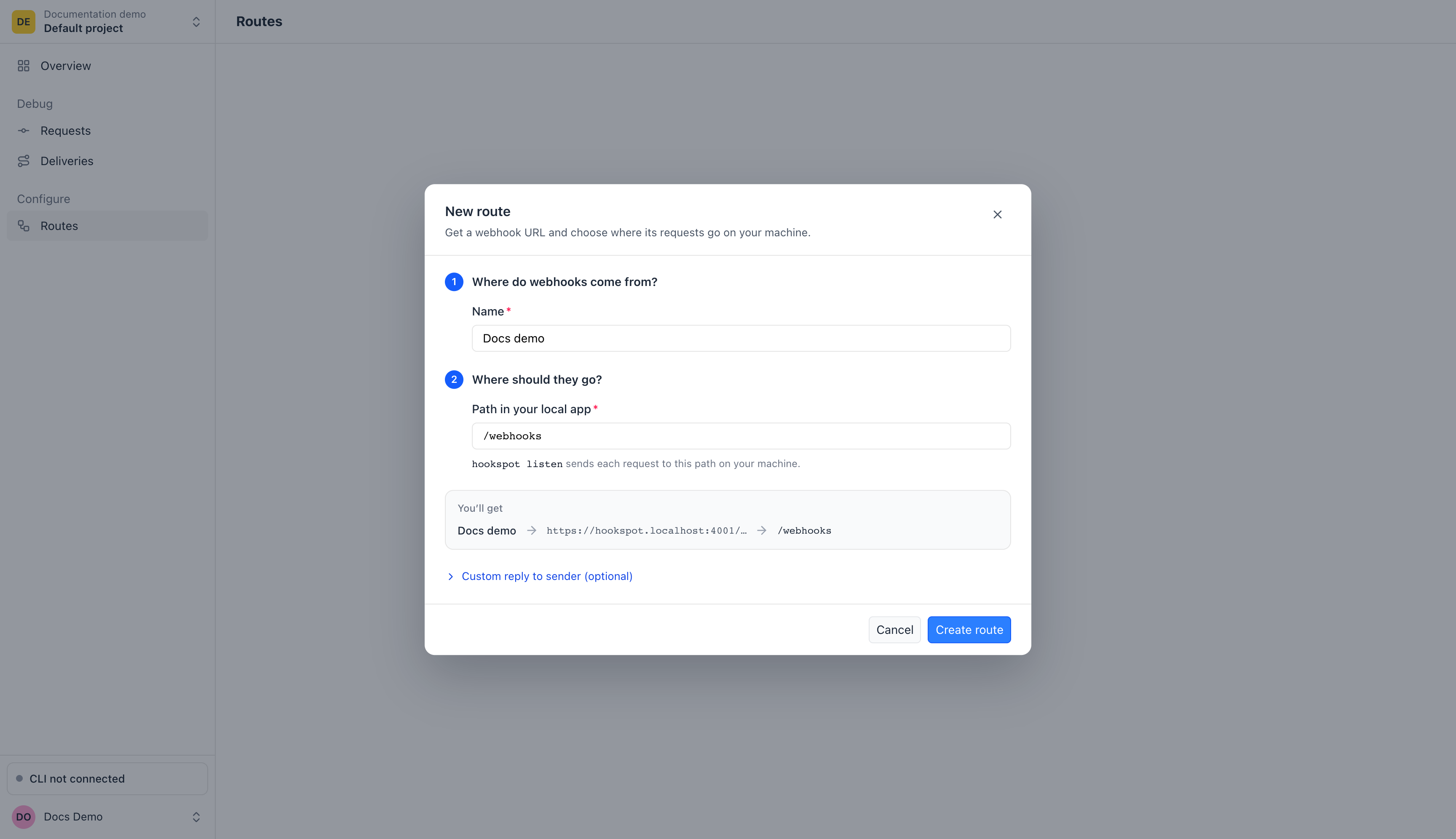 New route dialog with the name Docs demo and the path /webhooks.
