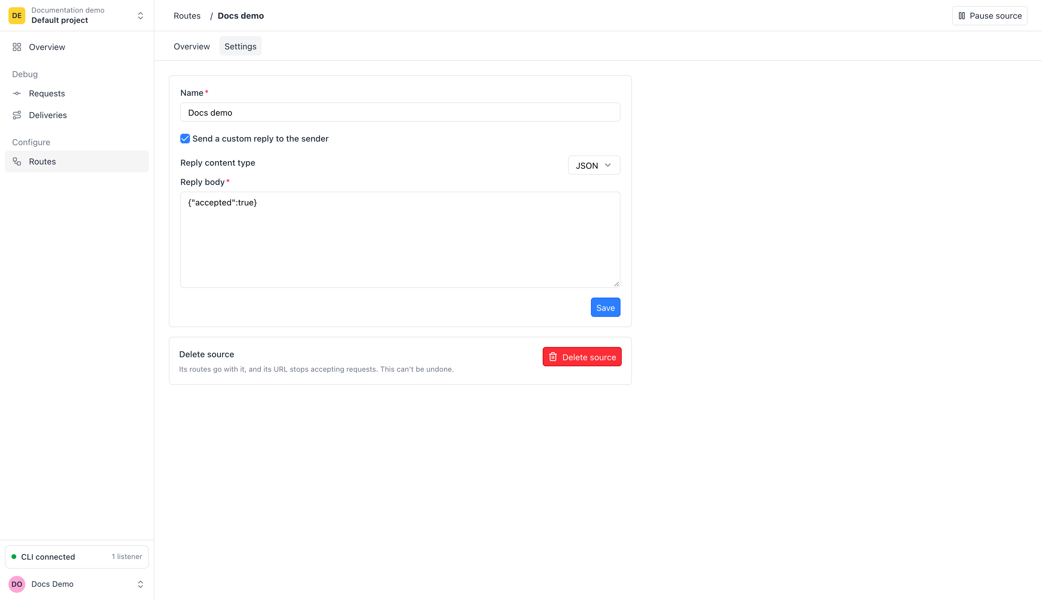 Saved Docs demo settings with Send a custom reply to the sender checked, JSON selected and accepted set to true in Reply body.